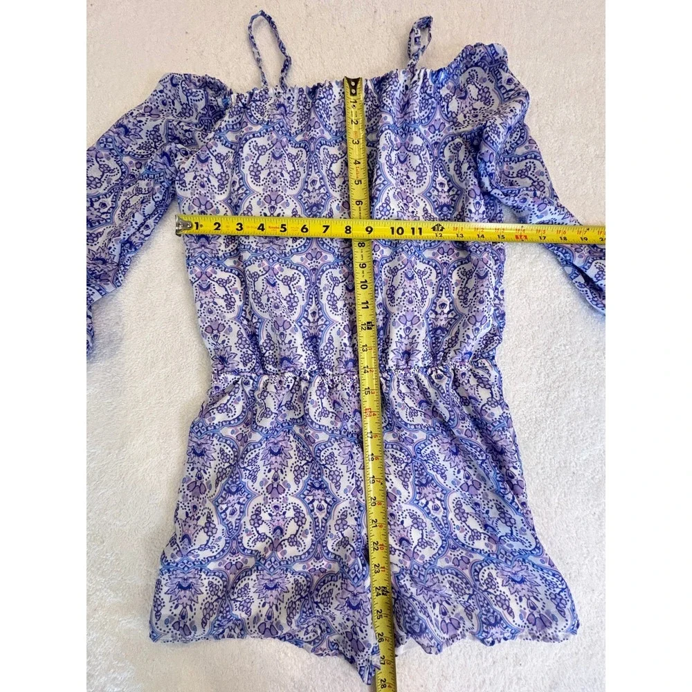 The Childrens Place Girls XL 14 Romper Purple Blue Paisley Cold Shoulder Boho‎
